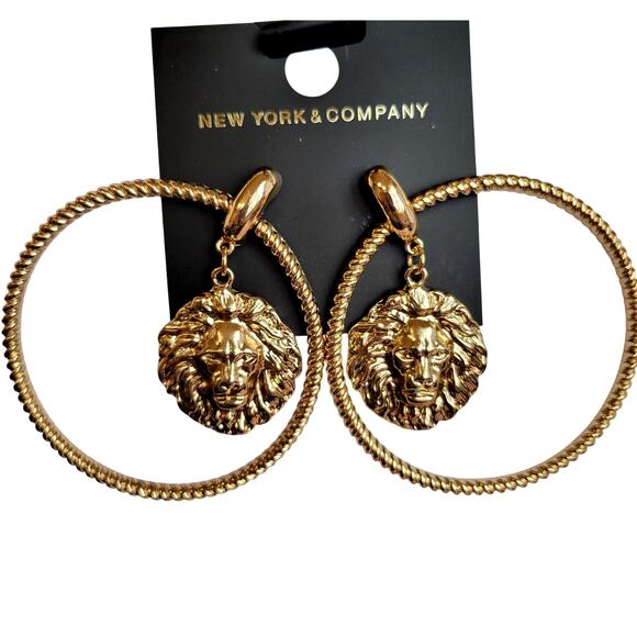 3" Hoop Earrings Gold Large Lion Head Medallion Statement Jewelry , Gift Bag - Picture 2 of 10